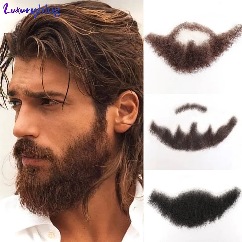 Realistic Fake Beard for Men - Brown Curly Facial Hair with Lace Edge