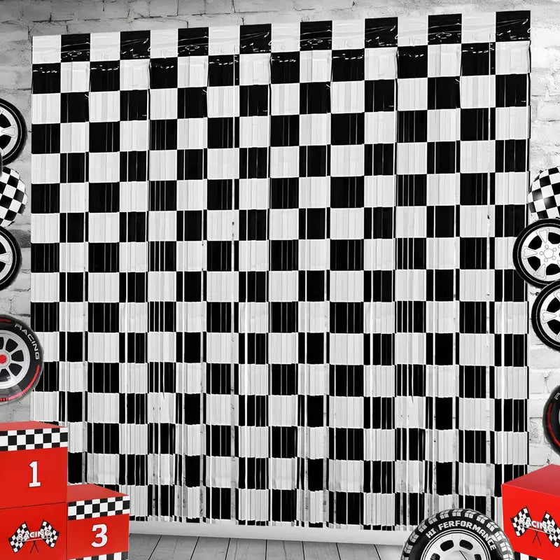 Racing Car Birthday Party Decor Foil Curtain Backdrop & Photo Booth Props