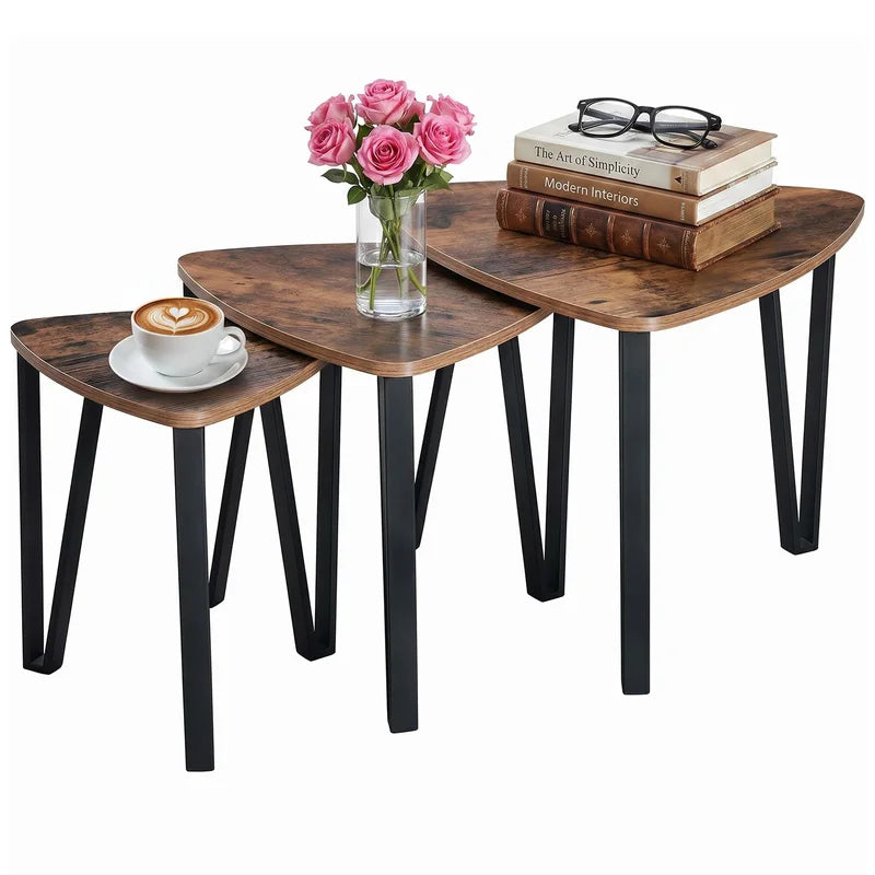Set of 3 Triangle Nesting Coffee & Side Tables - Industrial Multi-Size Accent Tables