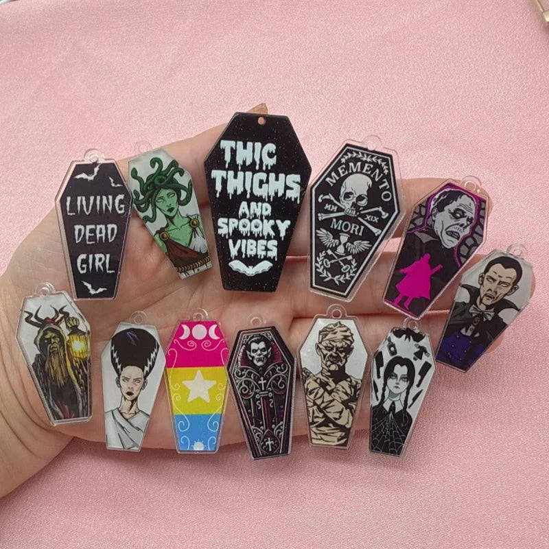 12pcs Acrylic Halloween Coffin Pendant Jewelry Making Set for Earrings, Necklaces, Keychains