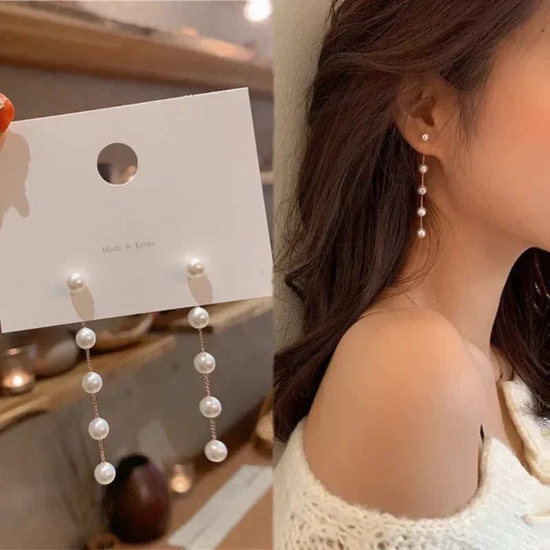 Long Pearl Earrings with Flower Rhinestones - Wedding & Fashion Jewelry