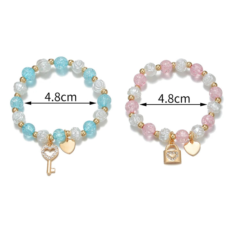 2PCS Heart Charm Key Lock Beaded Bracelets for Girls Friendship & Birthday Gift