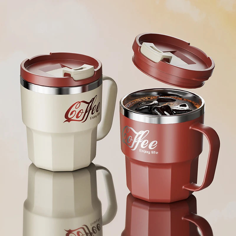 400ml Double Wall Stainless Steel Coffee Mug with Lid & Handle - Reusable Water Cup
