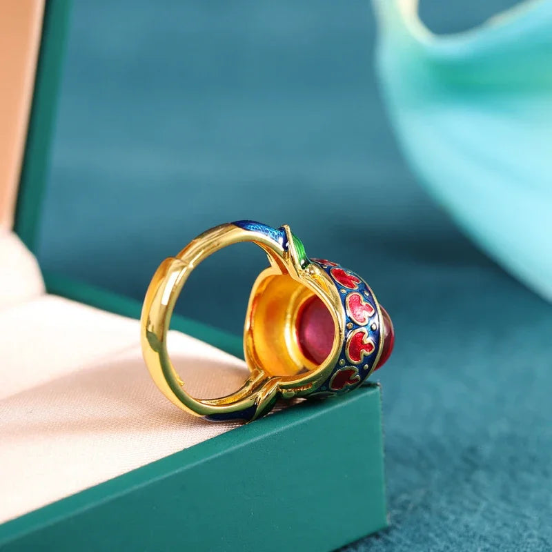 Ancient Gold Craftsmanship Carnelian Ring for Women with Flower Enamel - Light Luxury Wedding Jewelry