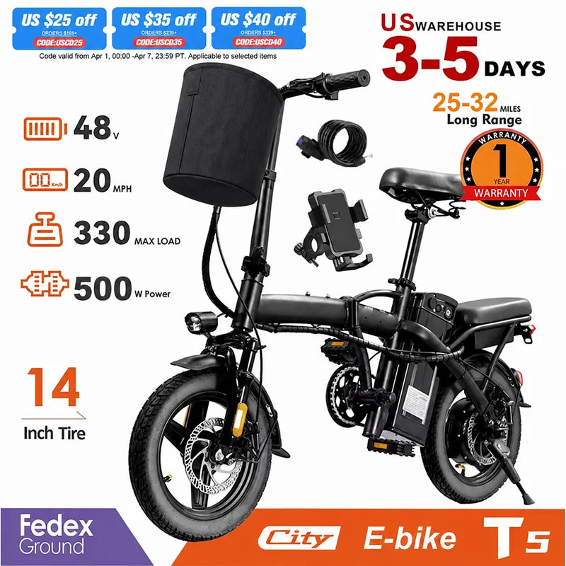 Folding Electric Bicycle 20MPH 560W Motor 48V Removable Battery 14-Inch Commuter Bike