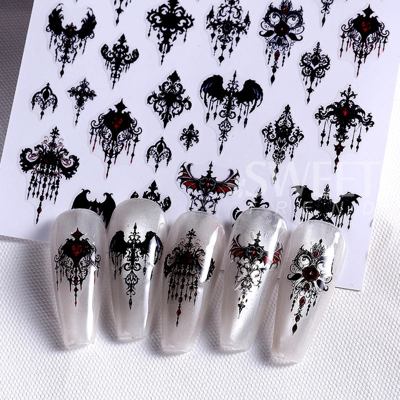 Halloween Gothic Nail Stickers 3D Letter Lace Skull Castle Manicure Decor