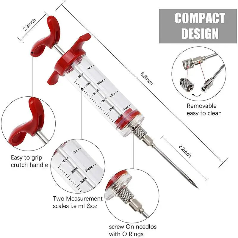 Meat Injector Syringe Kit with 3 Stainless Steel Marinade Needles for BBQ, Turkey, Chicken