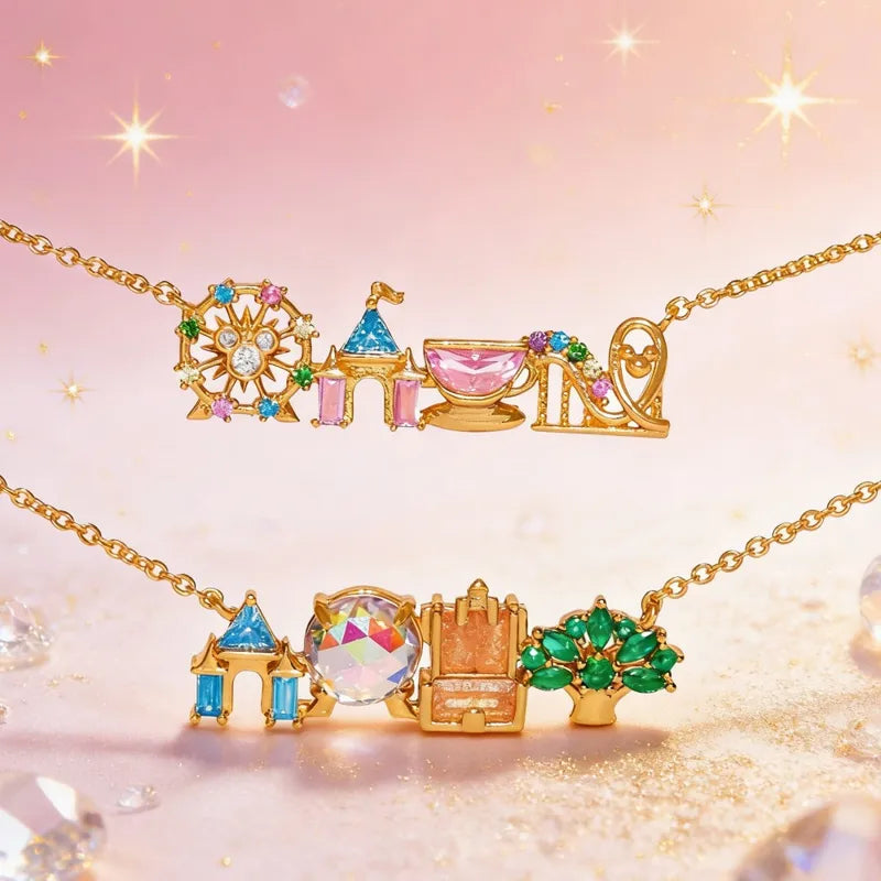 Colorful Zircon Pendant Necklace for Girls - Amusement Park Castle & Vegetable Charm Jewelry Gift