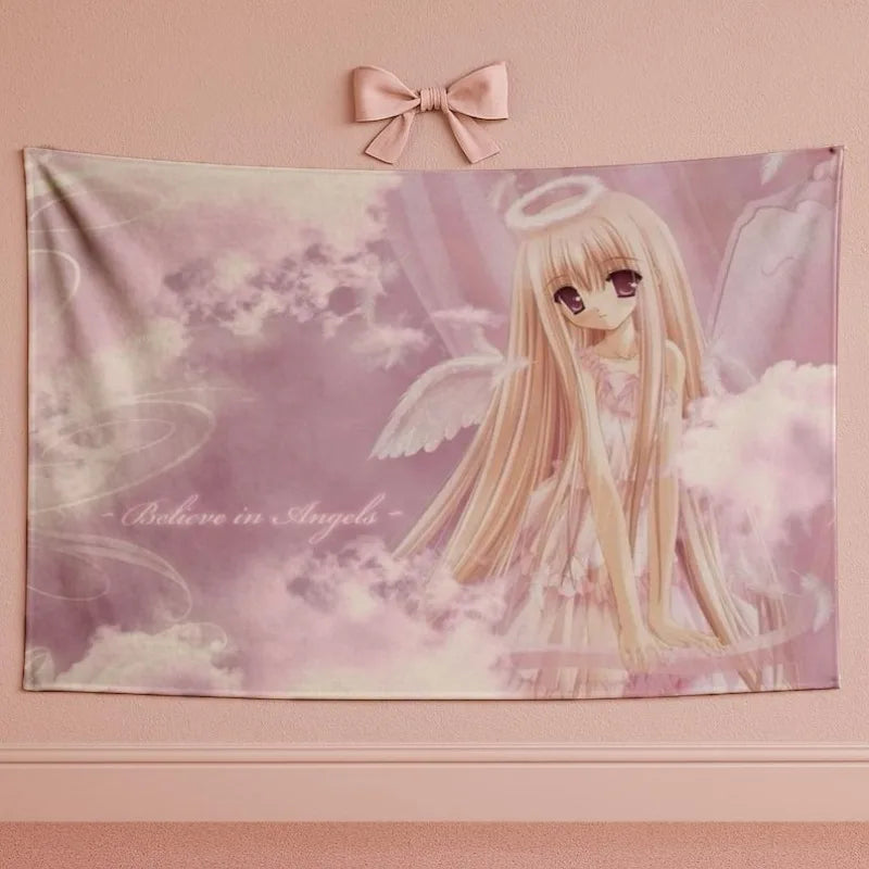 Decorative Wall Tapestry for Bedroom & Dorm - Pink Angel Anime Design