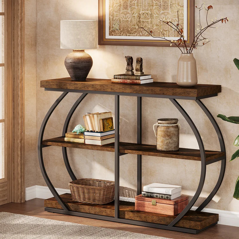 Industrial 3-Tier Console Table with Arched Metal Frame and Storage Shelves - 41.3 Inch Entryway or Living Room Table