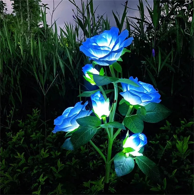Solar LED Garden Ground Light with Artificial Rose Flower for Outdoor Yard Patio Decoration