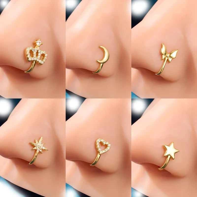 Women’s Fake Nose Ring U-Shaped Dangle Style Zirconia Nose Stud Gold Stainless Steel