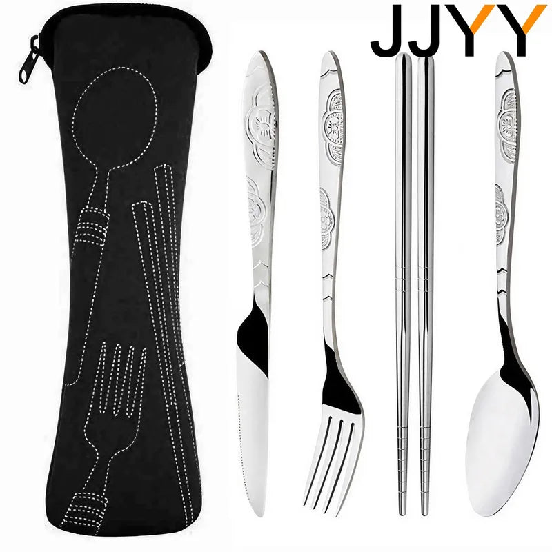 Portable Stainless Steel Cutlery Set for Camping - Fork, Spoon, Knife & Chopsticks with Bag