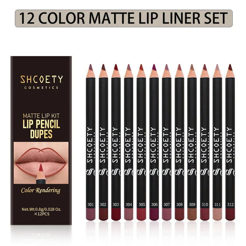 12pcs Matte Lipstick & Lip Liner Set - Nude Velvet Long-Lasting Colors