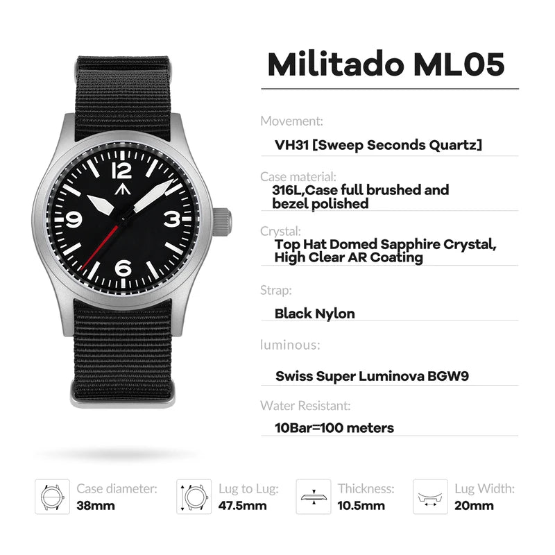 Militado Military Field Watch 38mm Quartz Sapphire Crystal Waterproof 100M