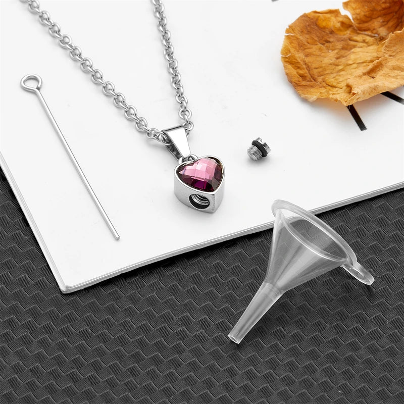 Stainless Steel Heart Urn Necklace with Birthstone - Cremation Keepsake Jewelry