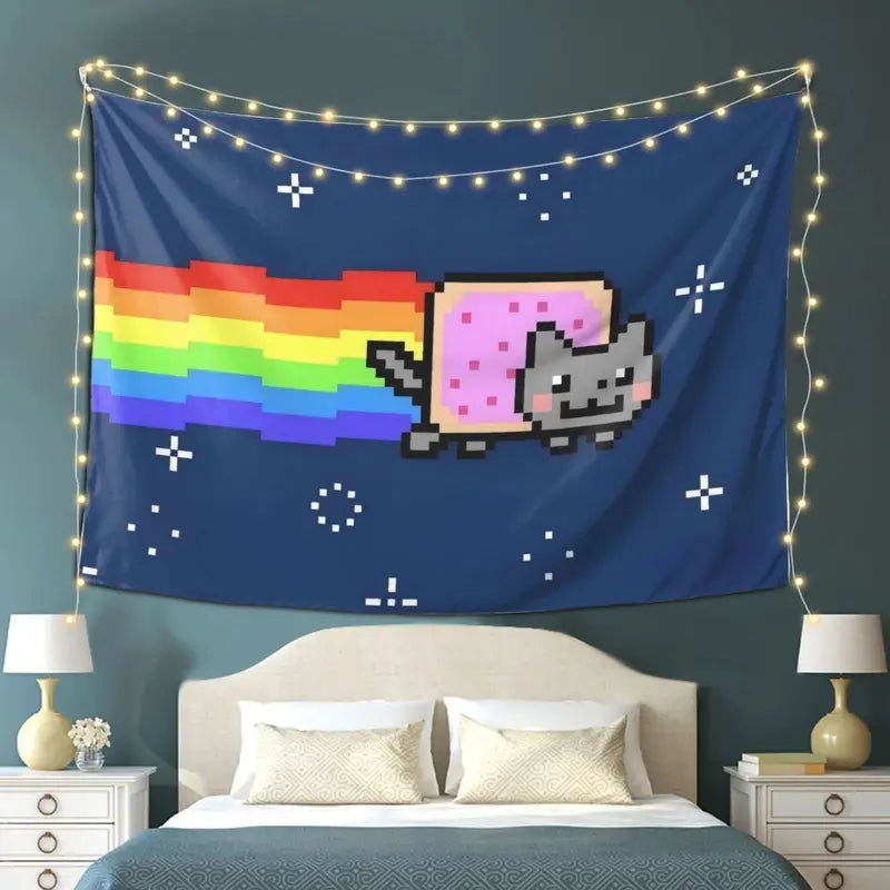 Pixel Art Cat Tapestry Wall Hanging for Bedroom Living Room Decor