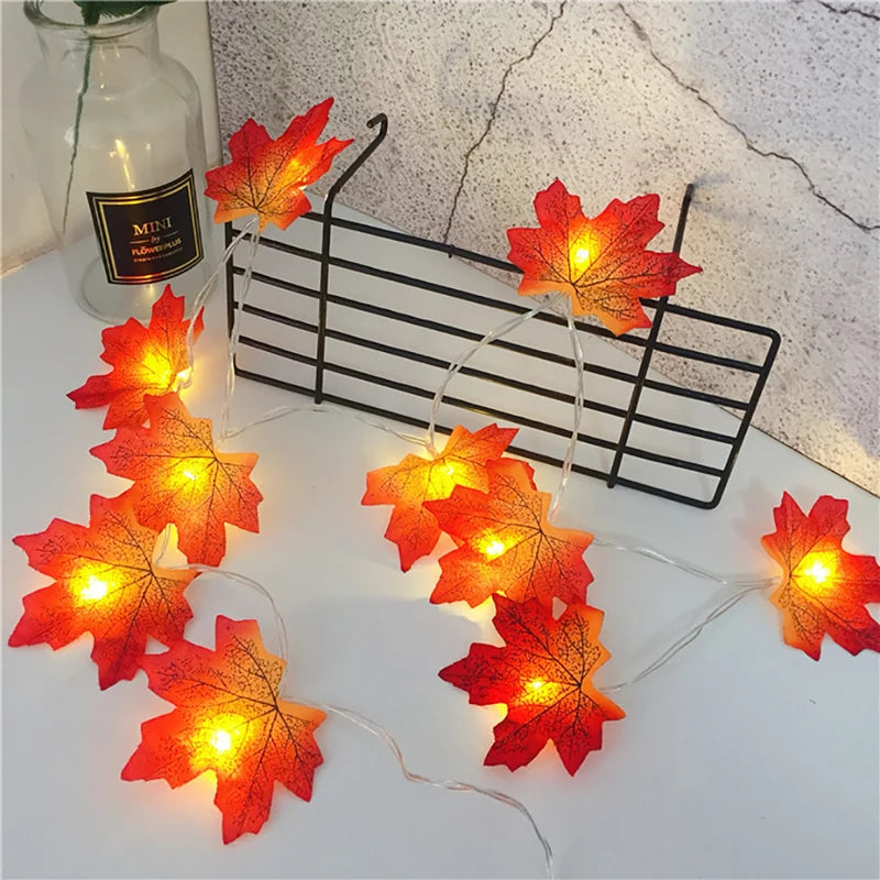 Halloween LED String Lights with Artificial Maple Leaves - Holiday Decor