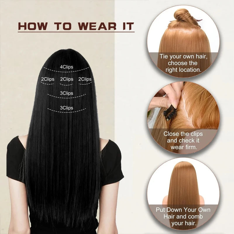 6-Piece Set Long Straight Clip-In Hair Extensions - 24 Inch Full Head Styling