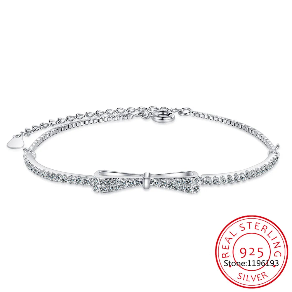 Sterling Silver Bowknot Bracelet for Women & Men with Zircon - Wedding Party Jewelry