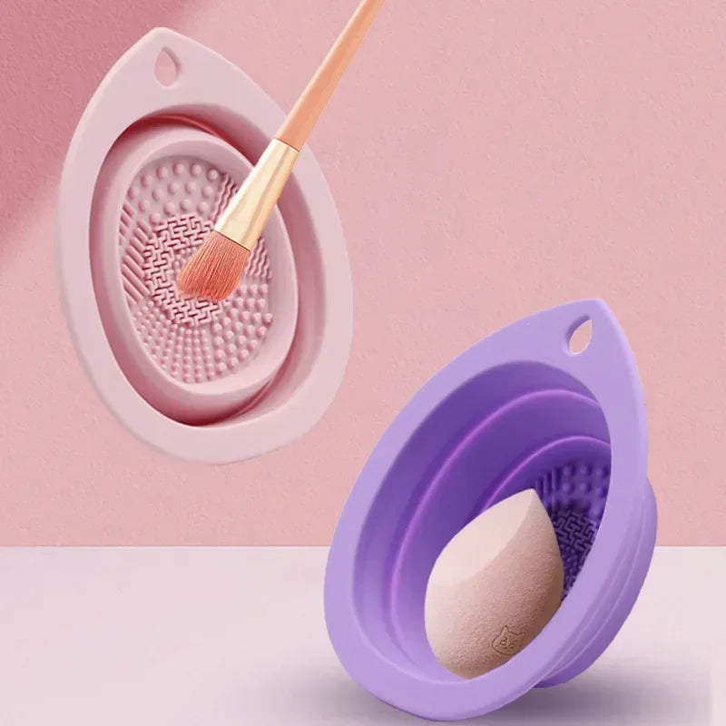 Foldable Silicone Makeup Brush Cleaner Bowl with Soft Mat for Brushes & Sponges