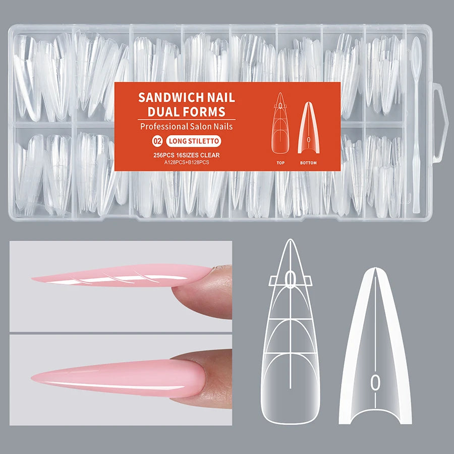 Reusable Gel Nail Extension Forms Set - Coffin & Almond Shapes, 16 Sizes, 256 Pieces