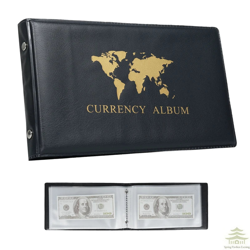 40-Pocket Currency Collecting Album with Clear Bill Holders - PU Leather Storage Book