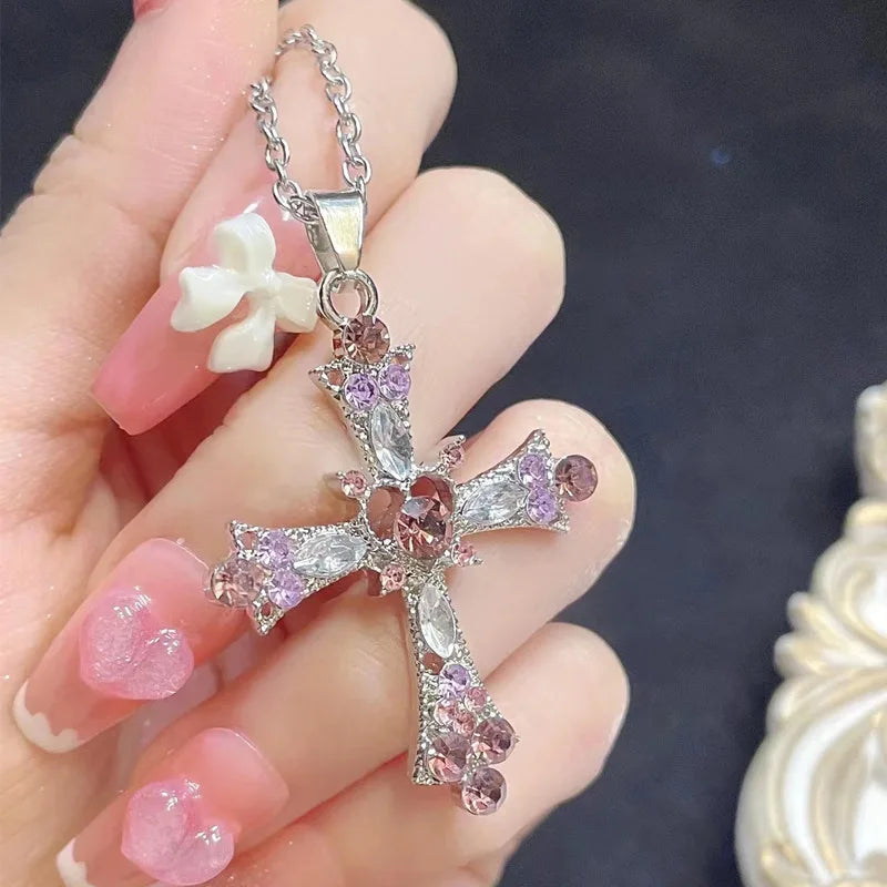 Gothic Pink Cross Necklace for Women Y2K Punk Heart Pendant Jewelry