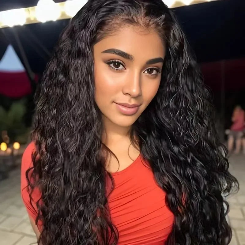 Women Black Water Wave Wig with Big Curly Middle Part - Fluffy Synthetic Full Wig