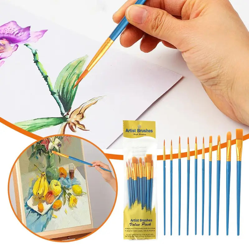 10Pcs Art Paint Brush Set for Acrylic Watercolor Oil & Crafts - Multi-Size Artist Tools