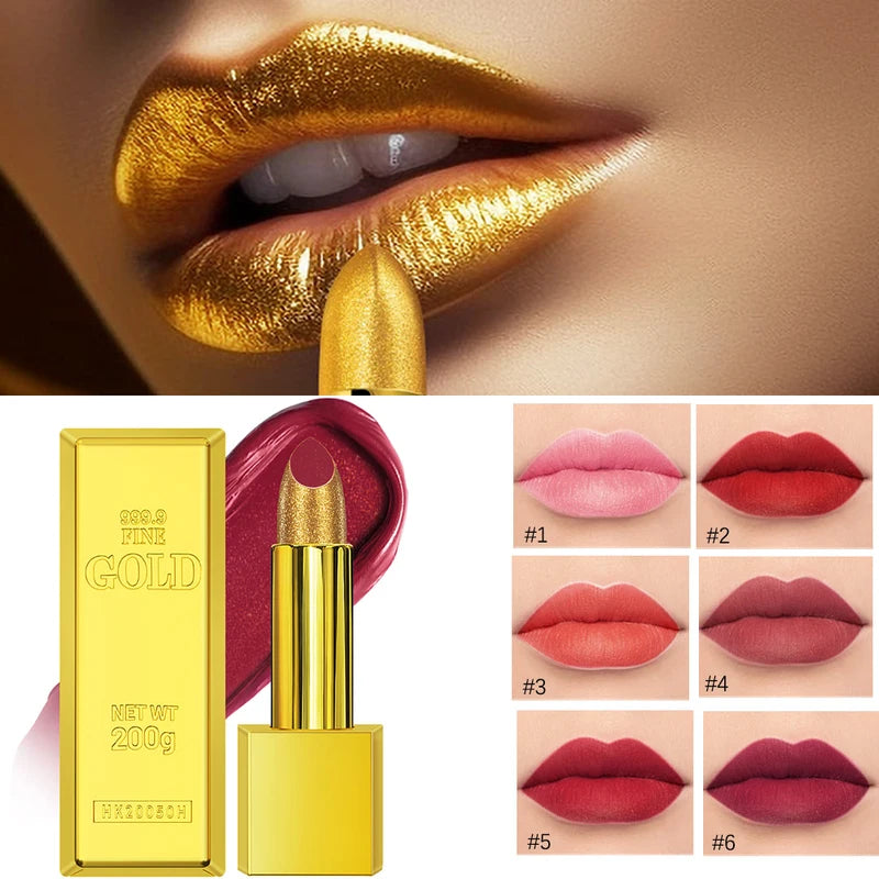 Long Lasting Waterproof Gold Lipstick with Glitter Shine - Luxury Lip Makeup