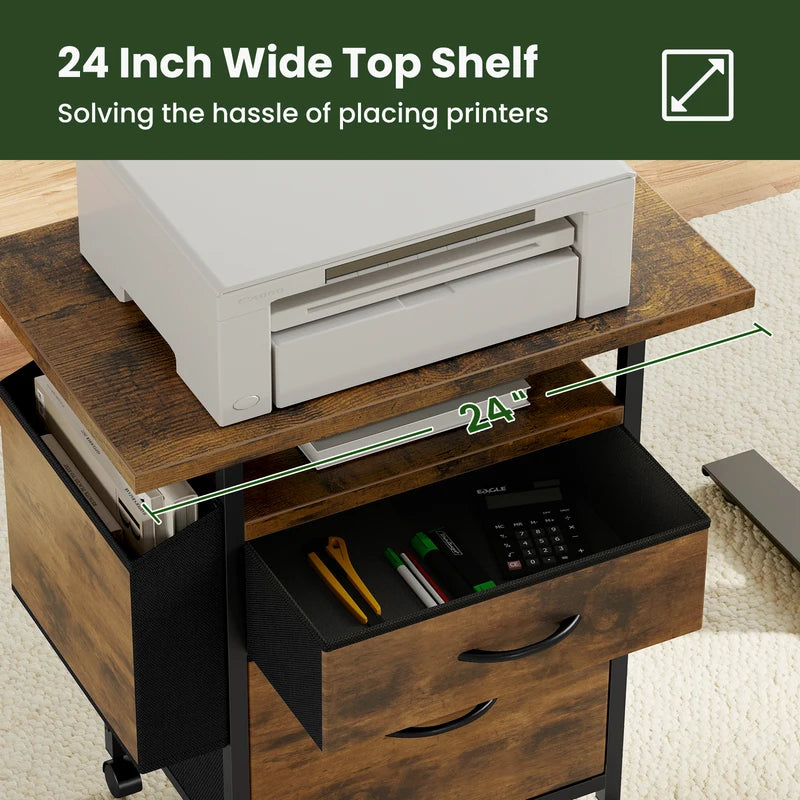 Mobile File Cabinet with 2 Fabric Drawers and Open Shelf — Rolling Printer Stand with Side Storage