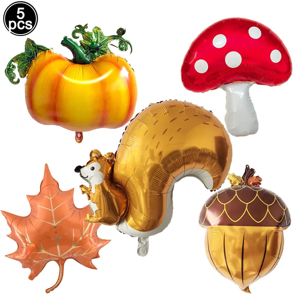 Thanksgiving Foil Balloons Party Decor Set - Squirrel, Mushroom, Leaf, Gift