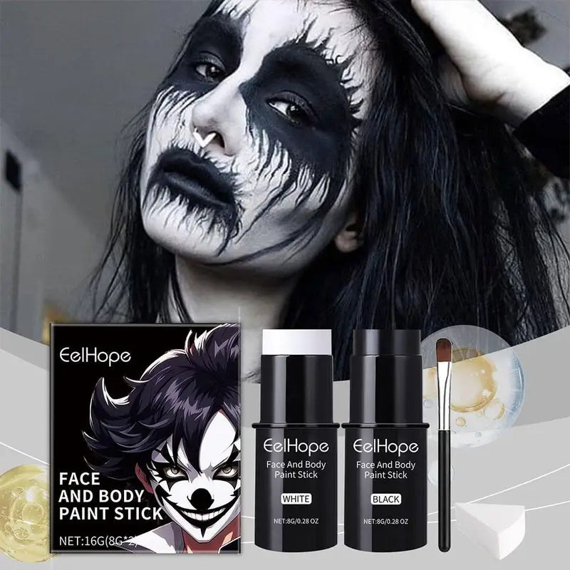 Face Body Paint Kit Black White Waterproof Long Lasting Halloween Makeup Set