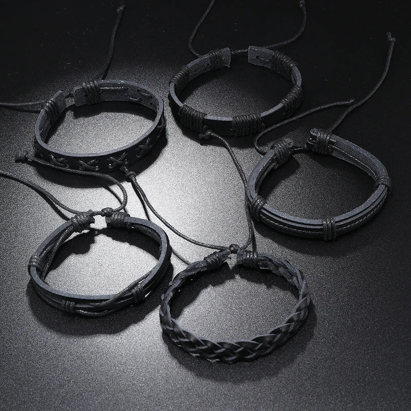 5pcs Unisex Punk Rock Leather Braid Bracelets - Adjustable & Stylish