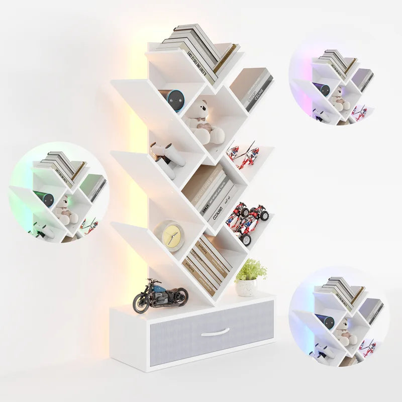 Tree Bookshelf with LED Lights 7-Tier Narrow Bookcase Storage Rack for Small Spaces