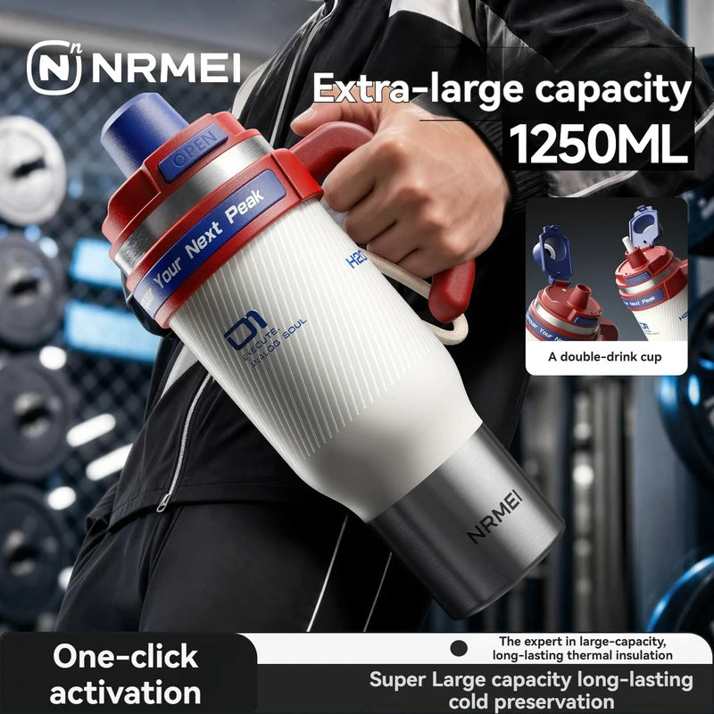 1250ml Insulated Stainless Steel Water Bottle with Straw - Large Capacity Portable Tumbler