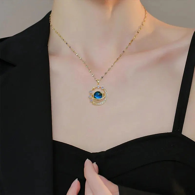 Stainless Steel Starry Sky Necklace with Moon and Planet Pendant - Luxurious Elegant Jewelry