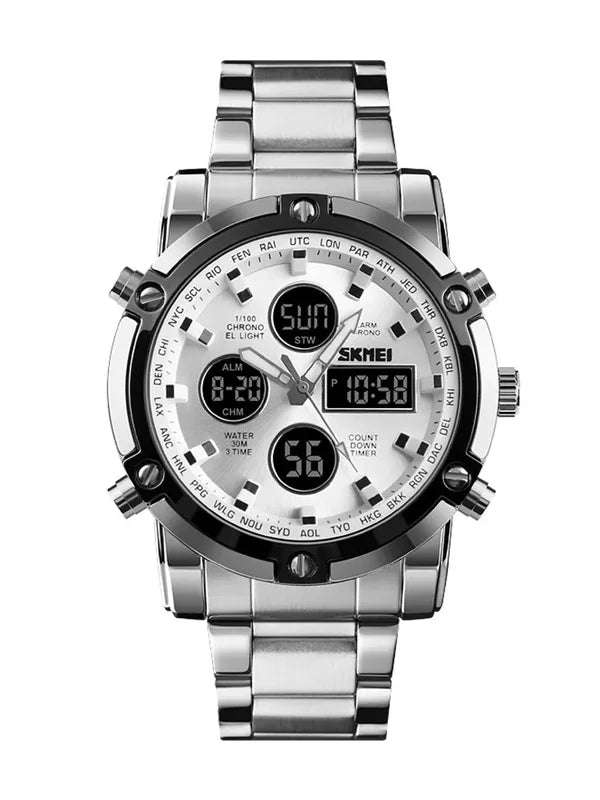 Men's Digital Quartz Wristwatch with Steel Strap & Countdown Timer