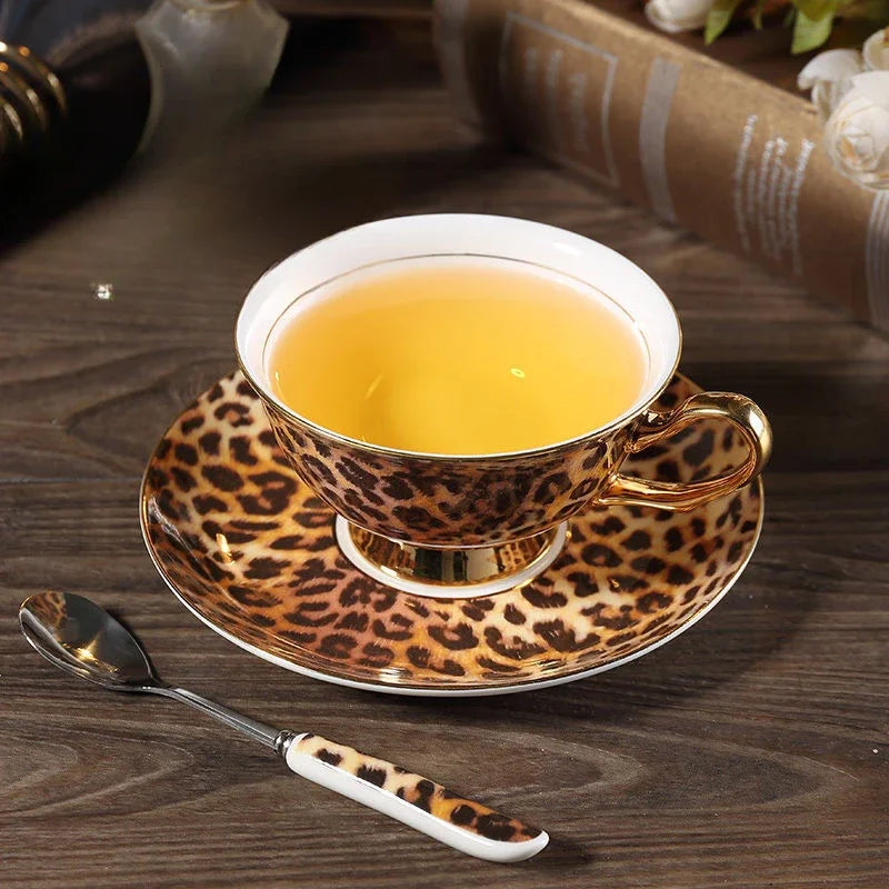 Ceramic Coffee Cup and Saucer Set with Leopard Print and Spoon - Elegant Home Use