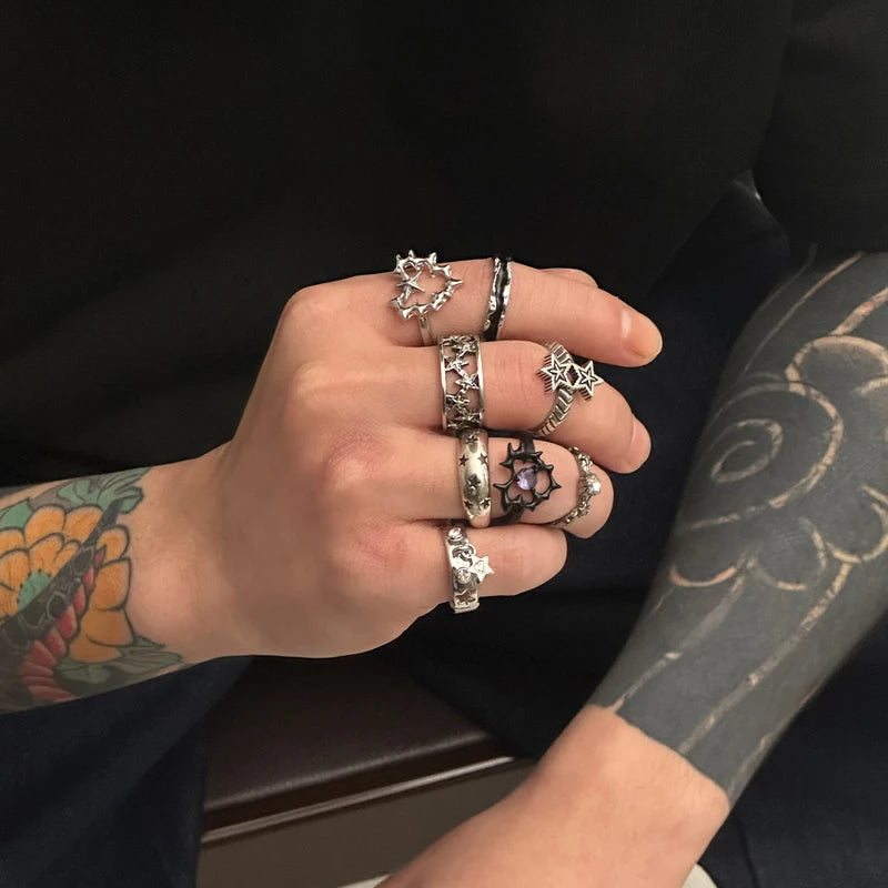 Goth Vintage Silver Open Ring Set for Men - 9 Pcs Stylish Metal Jewelry