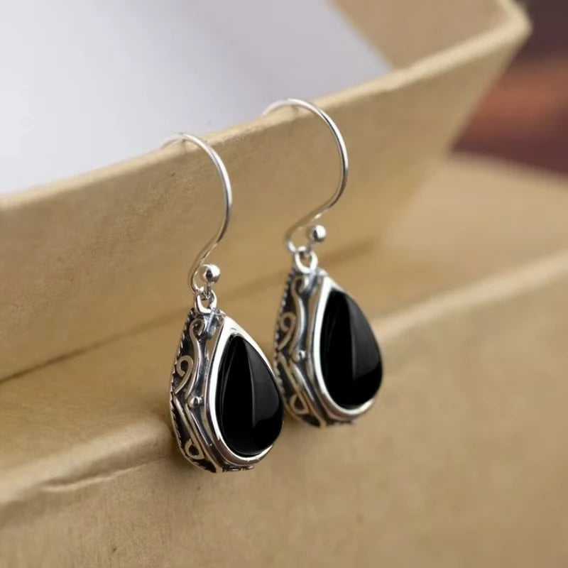 Ethnic Style Drop Earrings for Women with Carved Pattern - Pear Stone Dangle Jewelry