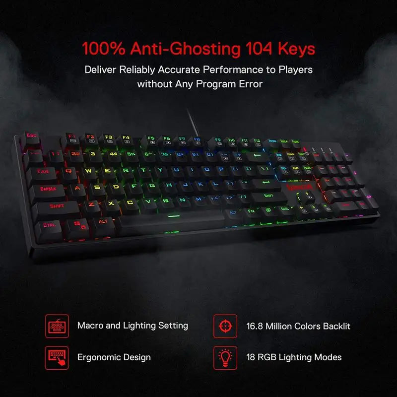 Mechanical Gaming Keyboard with RGB Backlight, 104 Keys, Red Switches