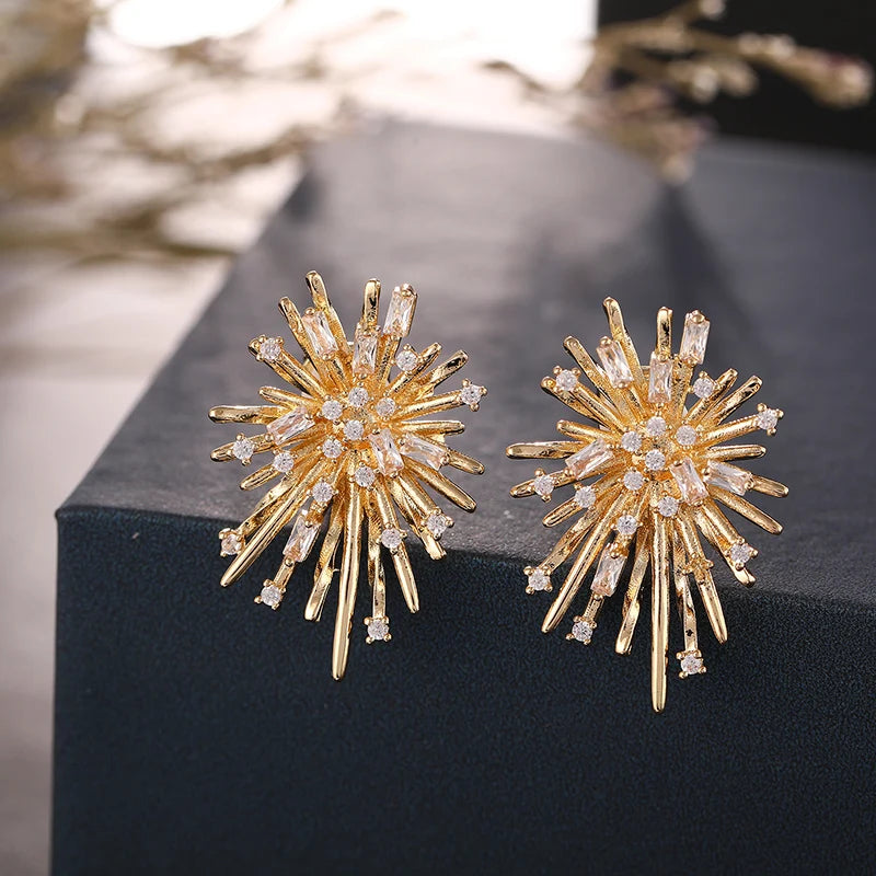Korean Style Firework Flower Clip-On Earrings Without Piercing Zirconia Jewelry for Women
