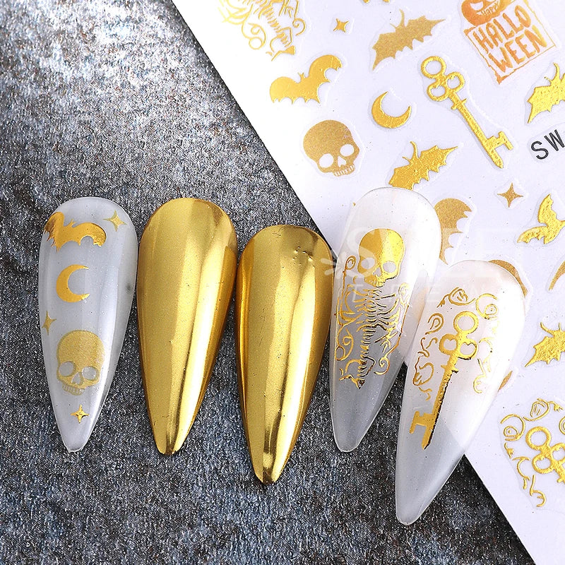 Halloween Nail Stickers Gold Skeleton Pumpkin Bat Key 3pcs Manicure Decals