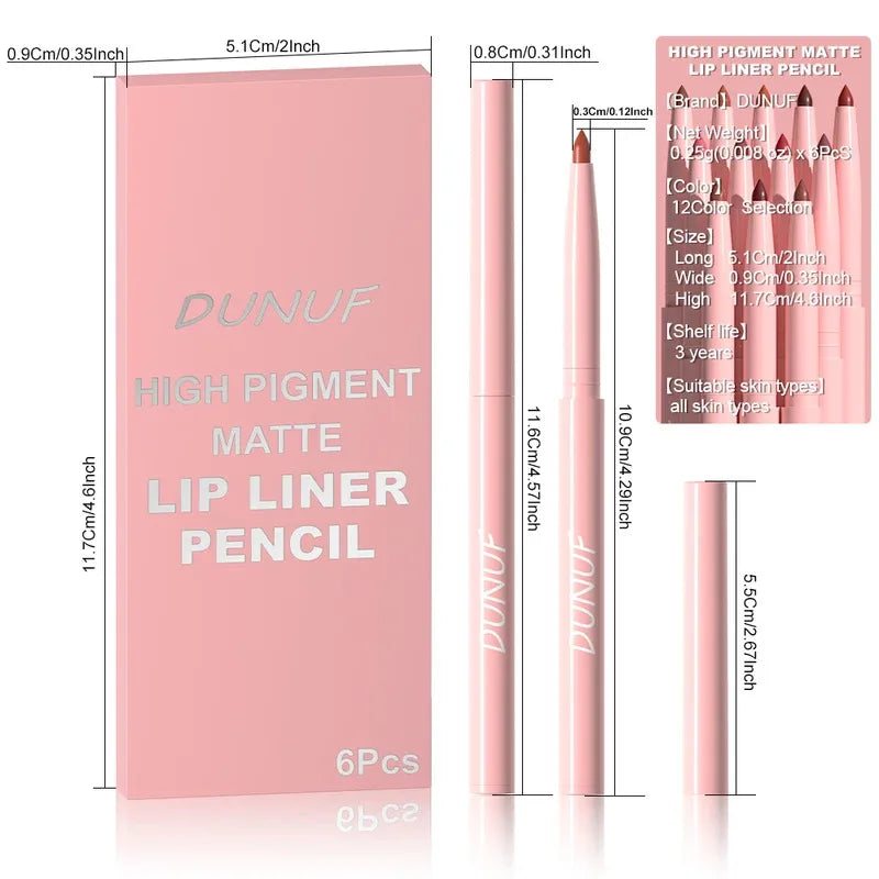 Long-Lasting Waterproof Lip Liner Set - 6 Colors, Easy Application