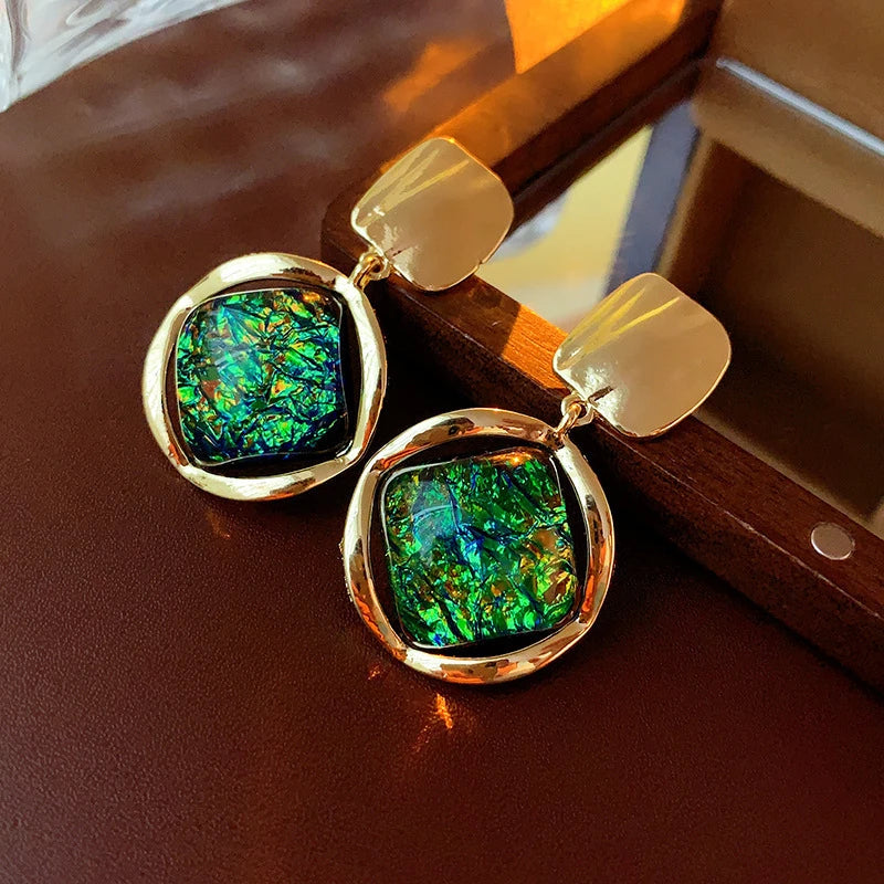 Gradient Green Square Pendant Earrings Geometric Dangle Jewelry for Women