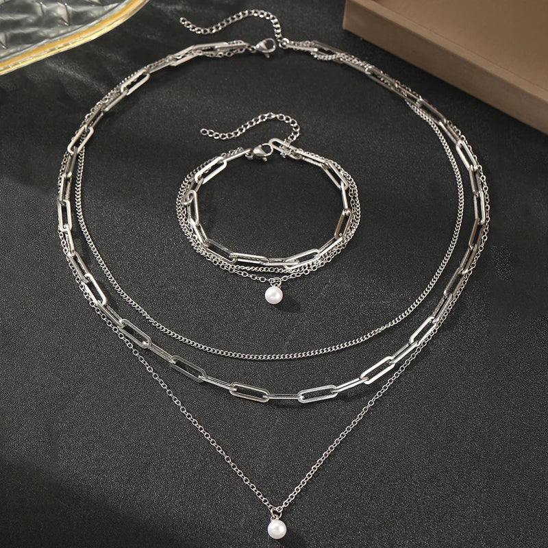 Delicate Pearl Pendant Jewelry Set for Women Multi-Layer Chain Gift