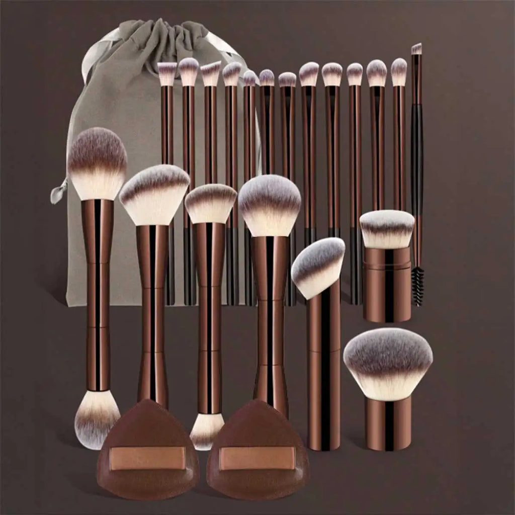 Professional Makeup Brush Set 22 pcs with Velvet Bag & Powder Puffs, Soft Long Aluminum Handles