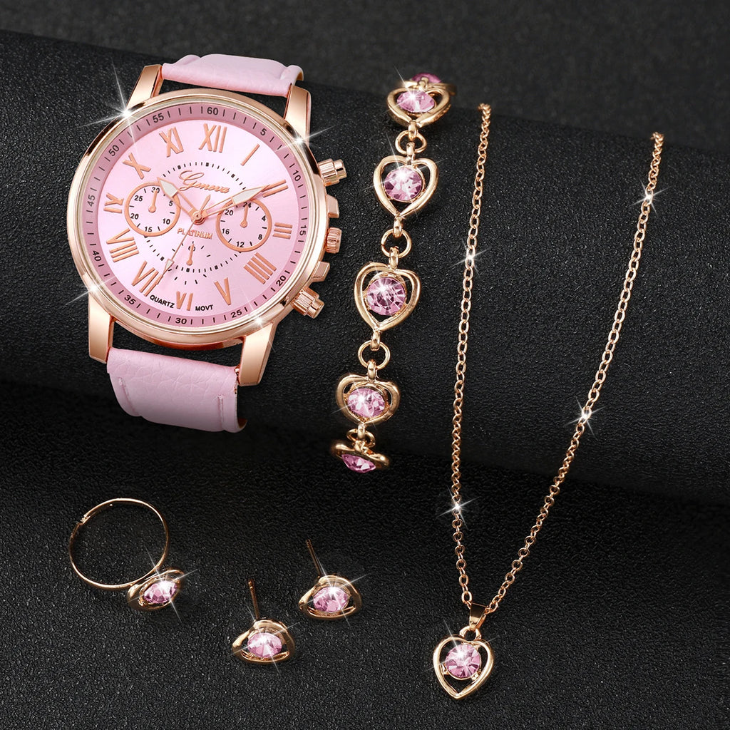 Fashion Women's Quartz Wrist Watch Set with Leather Band and Jewelry Accessories